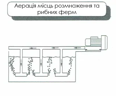 Схема промислової вихрової повітродувки з боковим каналом для аерації та насичення киснем води у водоймах рибних господарств або аквакультури