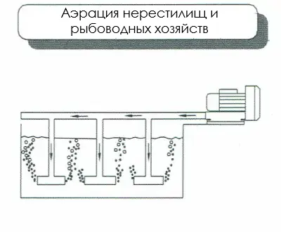 Схема промышленной вихревой воздуходувки с боковым каналом для аэрации и насыщения кислородом воды в водоемах рыбных хозяйств или аквакультуры