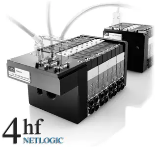 Пневматическая островная система 4HF Netlogic с подключёнными шлангами и модулями клапанов