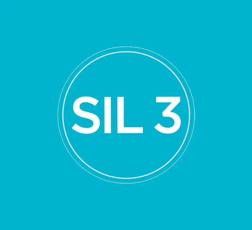 Белый текст «SIL 3» внутри двойного круга на голубом фоне — обозначение уровня безопасности систем