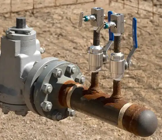 На фото показаны игольчатые клапаны, установленные на газопроводе для точного регулирования и контроля подачи газа.
