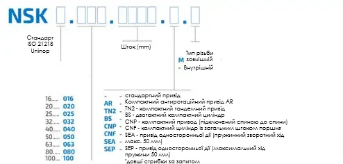 Схема маркировки пневмоцилиндра NSK: показаны стандарт (ISO / UNITOP), диаметры поршня (мм), ход (мм), тип резьбы штока и условные обозначения исполнений (AR, TNZ, BS, CNP, CNF, SEA, SEP) с краткой расшифровкой.