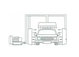 установки для сушіння автомобіля на автоматичній автомийці. На кресленні показано бококанальну повітродувку (дмухаву), яка подає потужний потік повітря через бічні та верхні сопла для швидкого осушення транспортного засобу. Ілюстрація застосування промислових компресорів у автомийному бізнесі.