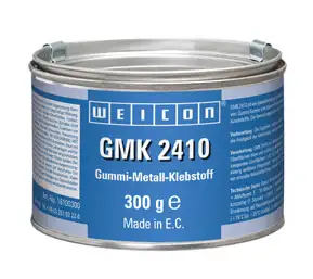 Банка з клеєм WEICON GMK 2410 (Gummi-Metall-Klebstoff) для надійного склеювання гуми та металу, використовується в промисловому ремонті.