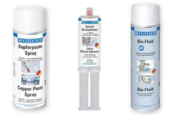 Набір продуктів Weicon: Copper Paste Spray (Мідна паста спрей), Epoxy Minute Adhesive (Епоксидний клей) та Bio-Fluid NSF (Біологічна рідина для харчової промисловості).