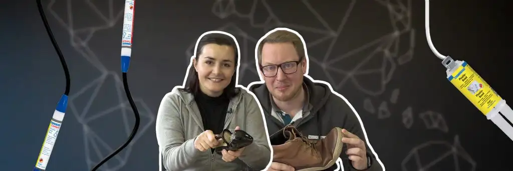 бкладинка відео, де чоловік і жінка демонструють, як і чим склеїти підошви взуття. На фоні зображені різні тюбики клею, що підкреслює тему використання спеціального клею для ремонту взуття.