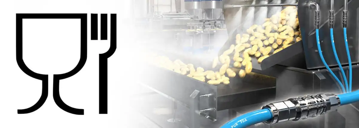 Пневматичне обладнання, техніка, атест, харчова промисловість, Food Contact. Синій поліуретановий шланг з фітингом та логотипом безпеки для харчових продуктів.