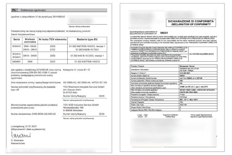 Документи: Декларація відповідності (Deklaracja zgodności та DECLARATION OF CONFORMITY) на резервуар високого тиску з посиланням на Директиву 2014/68/UE (PED) та технічними параметрами.