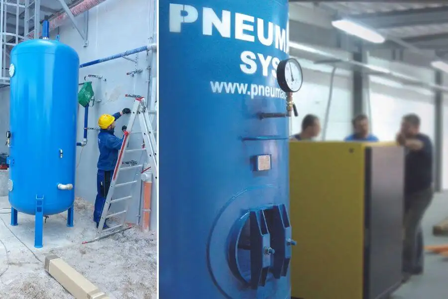 Монтаж вертикального синього резервуара високого тиску з написом PNEUMATIC SYSTEMS. Працівник у жовтій касці на драбині біля резервуара, що встановлюється в приміщенні. Наближене зображення частини резервуара з манометром.