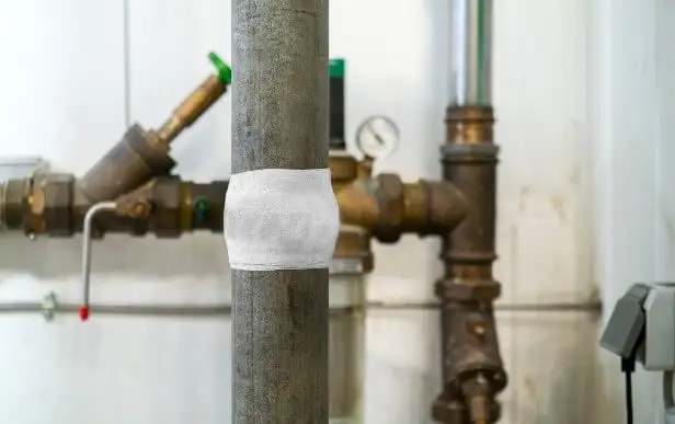 Ремонт невеликої металевої труби за допомогою ремонтного набору Pipe Repair Kit – обмотка білою пов’язкою для усунення тріщини або витоку в системі.