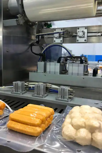 Вакуумна пакувальна машина для м'ясних продуктів (сосиски та кульки фаршу). Упаковані вироби лежать на конвеєрі поруч із пневматичними механізмами пакувального обладнання