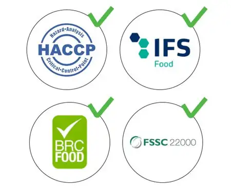 Четыре логотипа международных стандартов безопасности пищевых продуктов: HACCP, IFS Food, BRC Food и FSSC 22000, каждый из которых отмечен зеленой галочкой. Изображение иллюстрирует соответствие или сертификацию производства согласно основным нормам, признанным аудитами в пищевой промышленности