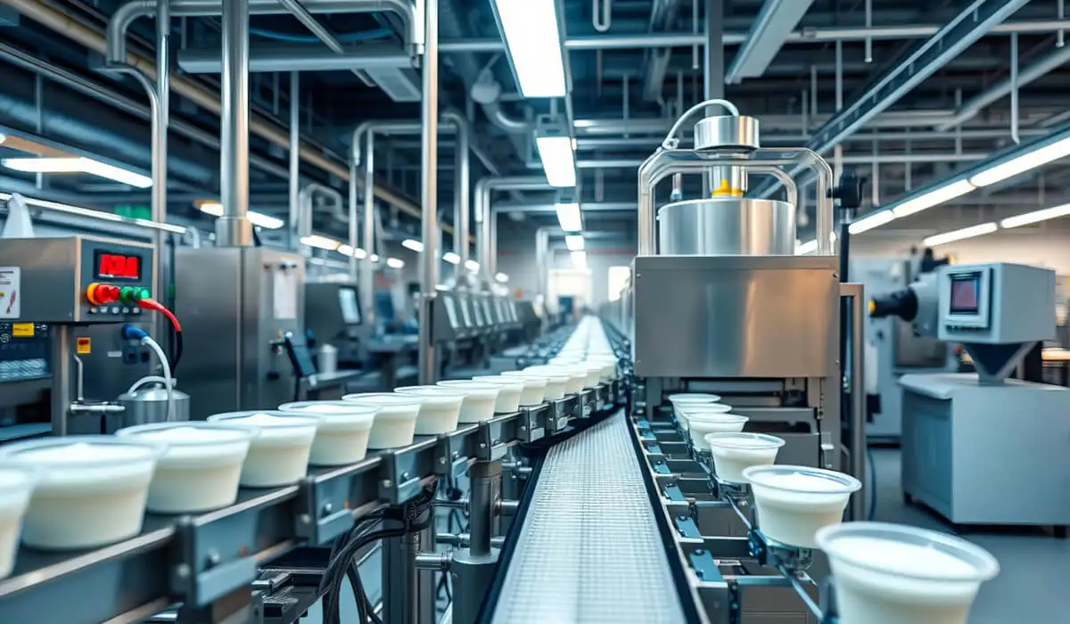 Промышленная линия фасовки пищевых продуктов (молочных продуктов или йогуртов) на конвейере, где используются пневматические цилиндры (силовики) ISO 15552 для автоматизации процессов наполнения и упаковки