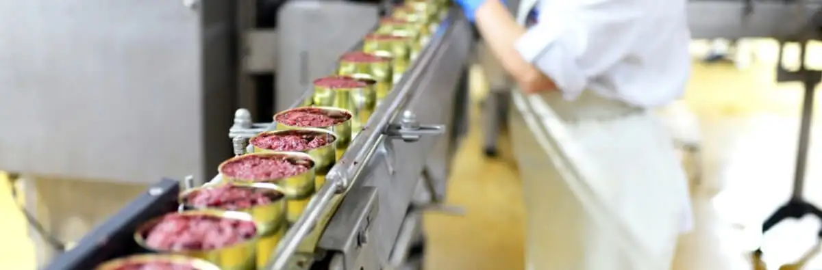 Консервовані м'ясні продукти, що пересуваються конвеєрною стрічкою на виробництві фаст-фуд інгредієнтів. Автоматизація та технічні рішення у виробництві харчових продуктів