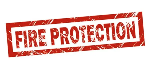 Червоний штамп з написом "FIRE PROTECTION" (Протипожежний Захист), що символізує сертифікацію та атестати безпеки FM Approvals.