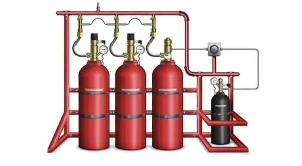 Схема або ілюстрація системи автоматичного газового пожежогасіння з червоними балонами, сертифікованої FM Approved.