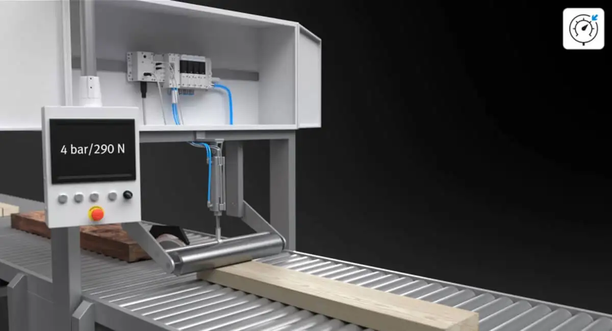 Промислова система керування Festo з використанням пневматичних клапанів та датчиків тиску на конвеєрній лінії.