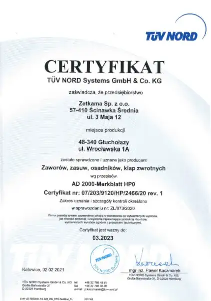 Сертификат TUV NORD для промышленной арматуры Zetkama, подтверждающий соответствие нормам безопасности