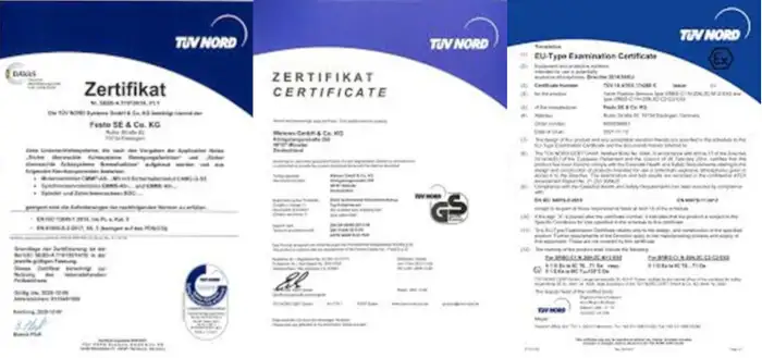 Образцы международных сертификатов TUV NORD по стандартам ISO 9001, ISO 14001 и ISO 45001