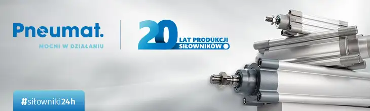 Банер Pneumat із написом про 20 років виробництва силових циліндрів, хештегом #silowniki24h та зображенням пневматичних циліндрів