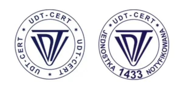 Друк та логотип UDT-CERT, що підтверджує сертифікацію технічного обладнання та відповідність нормам
