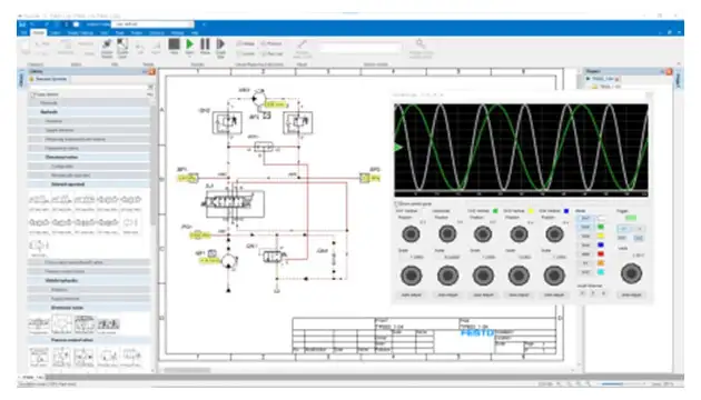 Интерфейс программы Festo FluidDraw для проектирования пневматических схем и расчета законов Кирхгофа
