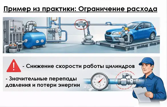 Энергоэффективность пневматики: последствия ограничения потока сжатого воздуха и падения давления в системе