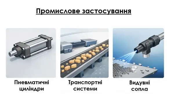Промислове застосування пневматики: пневматичні циліндри, транспортні системи та обдувочні форсунки