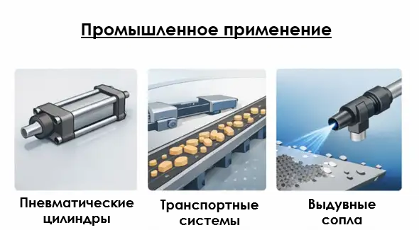 Промышленное применение пневматики: пневматические цилиндры, транспортные системы и обдувочные форсунки